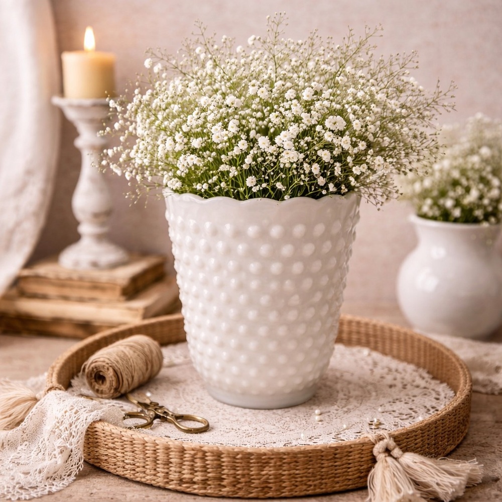 White Milk Glass Hobnail Vase‎ Vintage Anchor Hocking